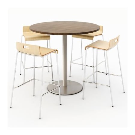 Kfi KFI 42" Round Dining Table & 4 Barstool Set, Studio Teak Table With Natural Stools T42RD-B1922SL-38-7960K-BR9333-4-NA